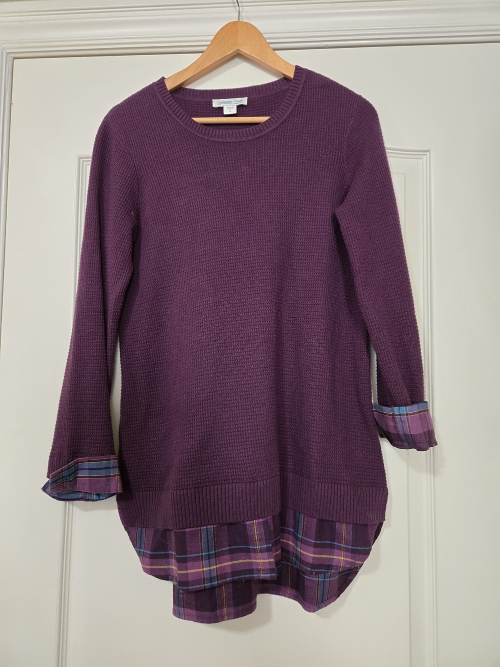 Coldwater Creek Purple Waffle-Knit Crewneck Sweater with Plaid Hem